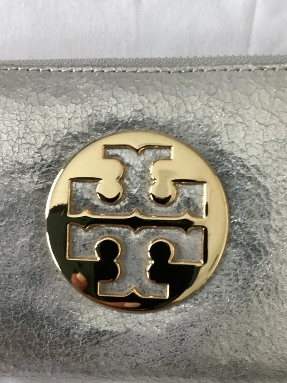 Tory Burch Silver Zip-Around Wallet with Gold Logo